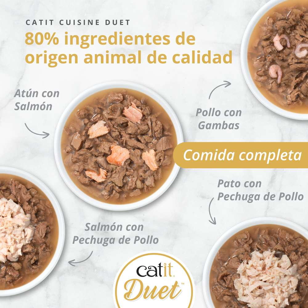 Cuencos de comida húmeda para gatos Catit Cuisine Duet con varias recetas de carne y pescado.