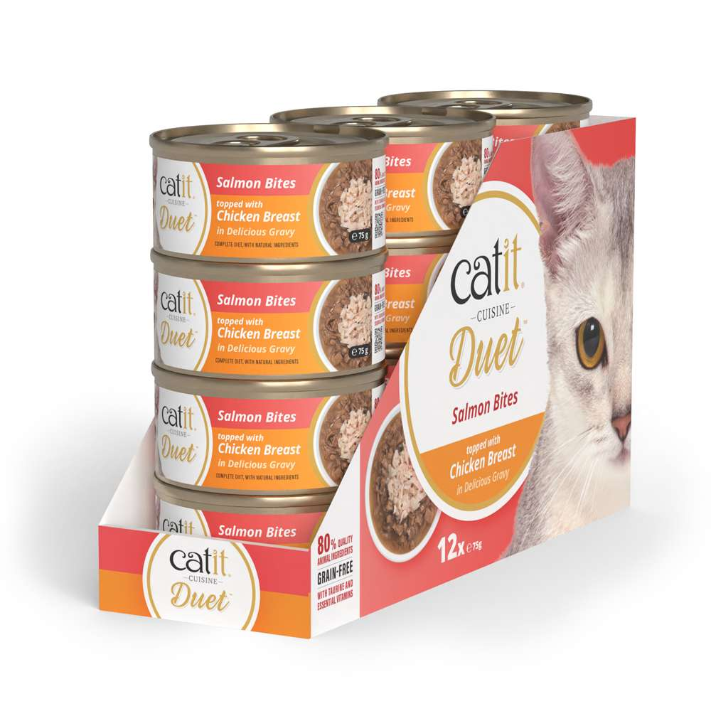 Una caja de cartón de comida para gatos Catit Duet Salmon Bites, con un gato en el lateral.