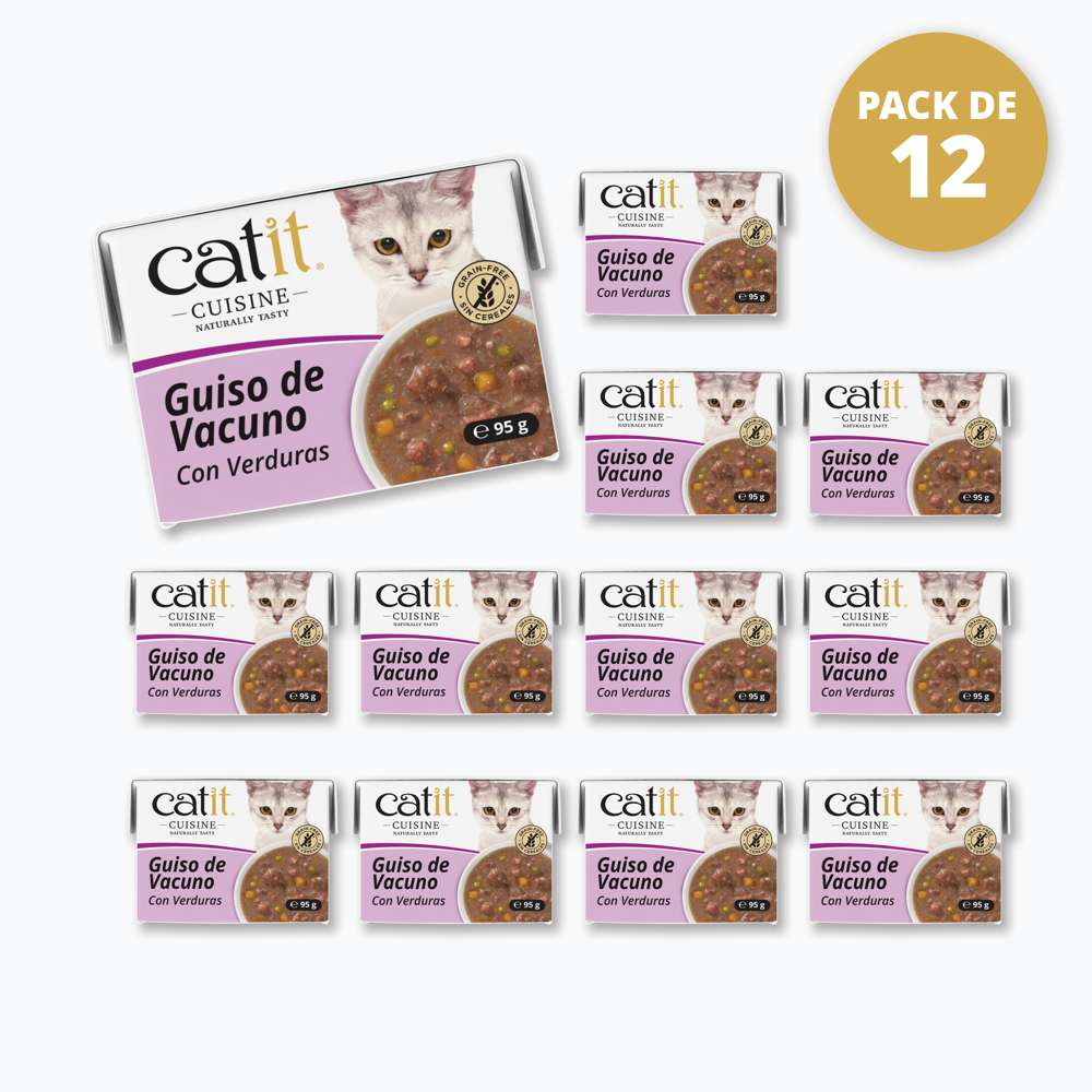 Un paquete de doce bandejas de comida para gatos Catit con guiso de vacuno y verduras, imagen de gato y etiquetas lila.