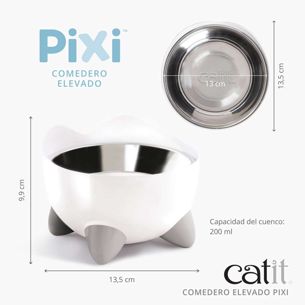 Comedero elevado Catit Pixi blanco con patas grises, cuenco de metal y flechas de medida.