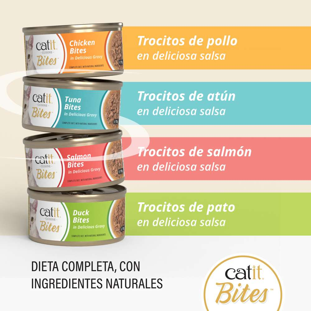 Cuatro latas de comida para gatos apiladas: pollo, atún, salmón y pato, sobre fondos coloridos con texto en español.