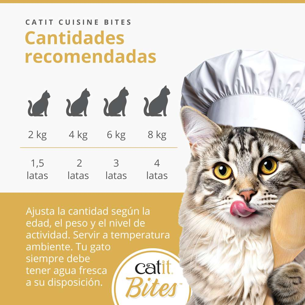 Cantidades recomendadas de comida para gatos según su peso y un gato con gorro de cocinero.