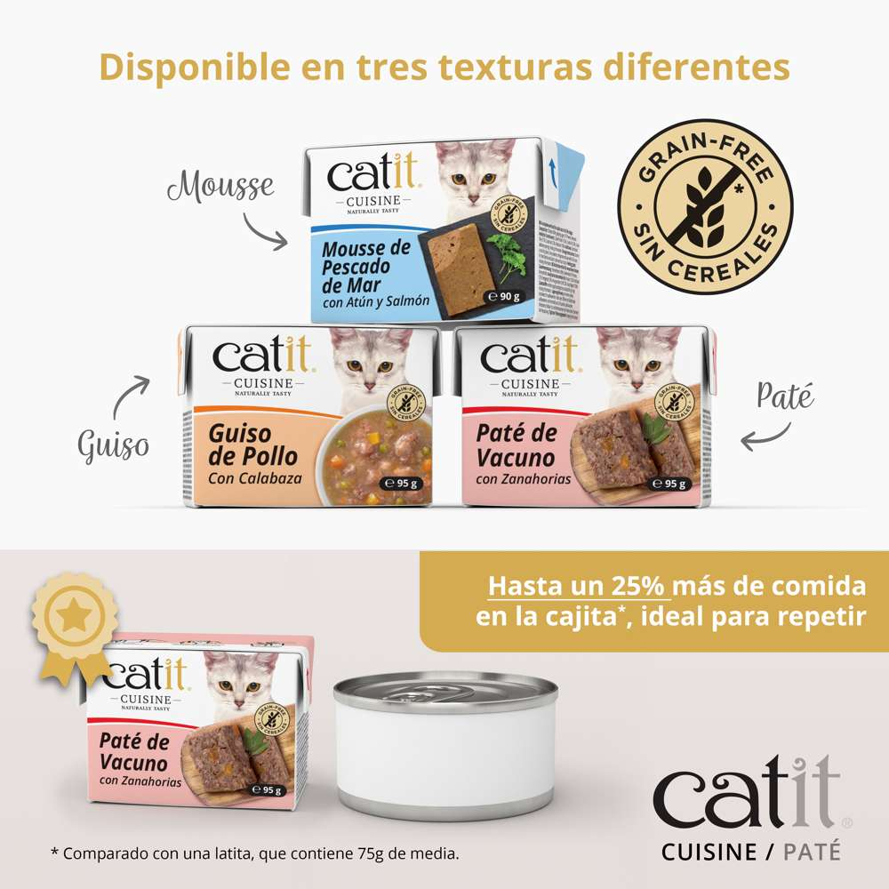 Tres variedades de comida para gatos Catit Cuisine en texturas de mousse, guiso y paté sin cereales.