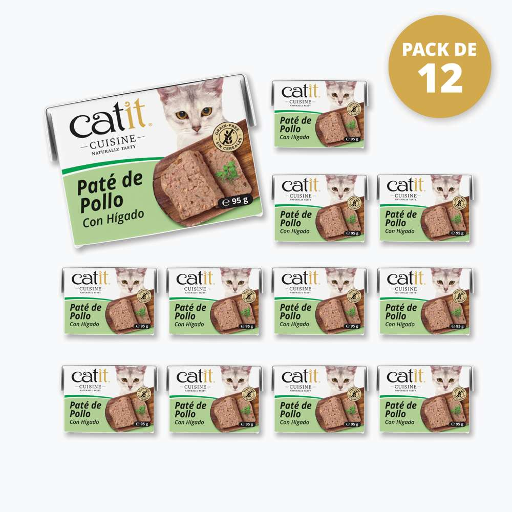Doce bandejas de paté de pollo y hígado Catit para gatos con etiqueta Pack de 12.