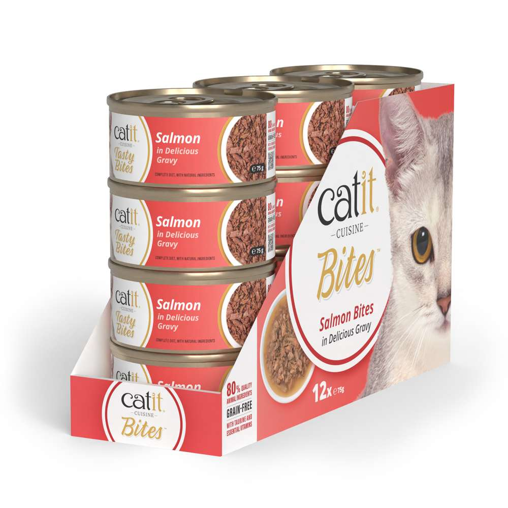 Un paquete de latas de comida para gatos Catit Salmon Bites con imagen de salmón y marca.