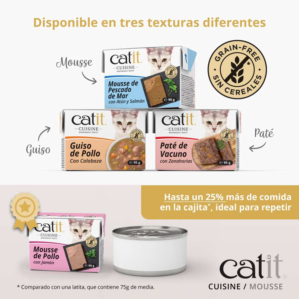 Comida para gatos Catit Cuisine en tres texturas: mousse, guiso y paté, sin cereales y en cajitas prácticas.
