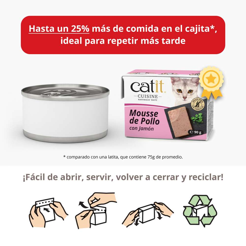 Caja y lata de mousse de pollo y jamón Catit Cuisine, con texto en español e iconos sobre cómo abrirlo y reciclarlo.