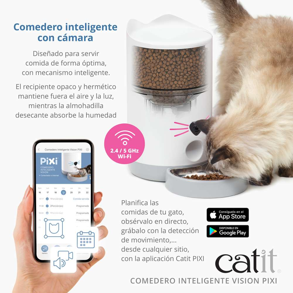 Comedero inteligente Catit Pixi blanco con cámara, app móvil y un gato comiendo.