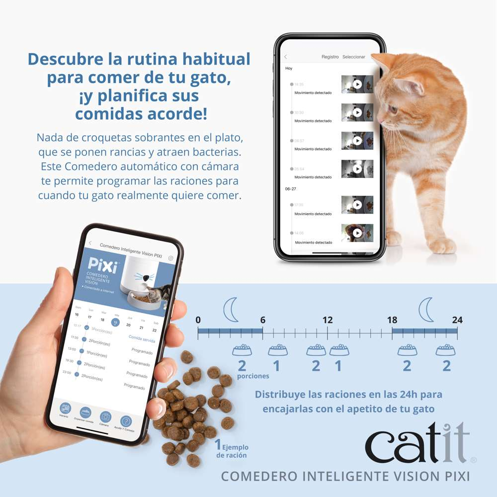 Anuncio de un comedero inteligente para gatos con app, comida y un gato.