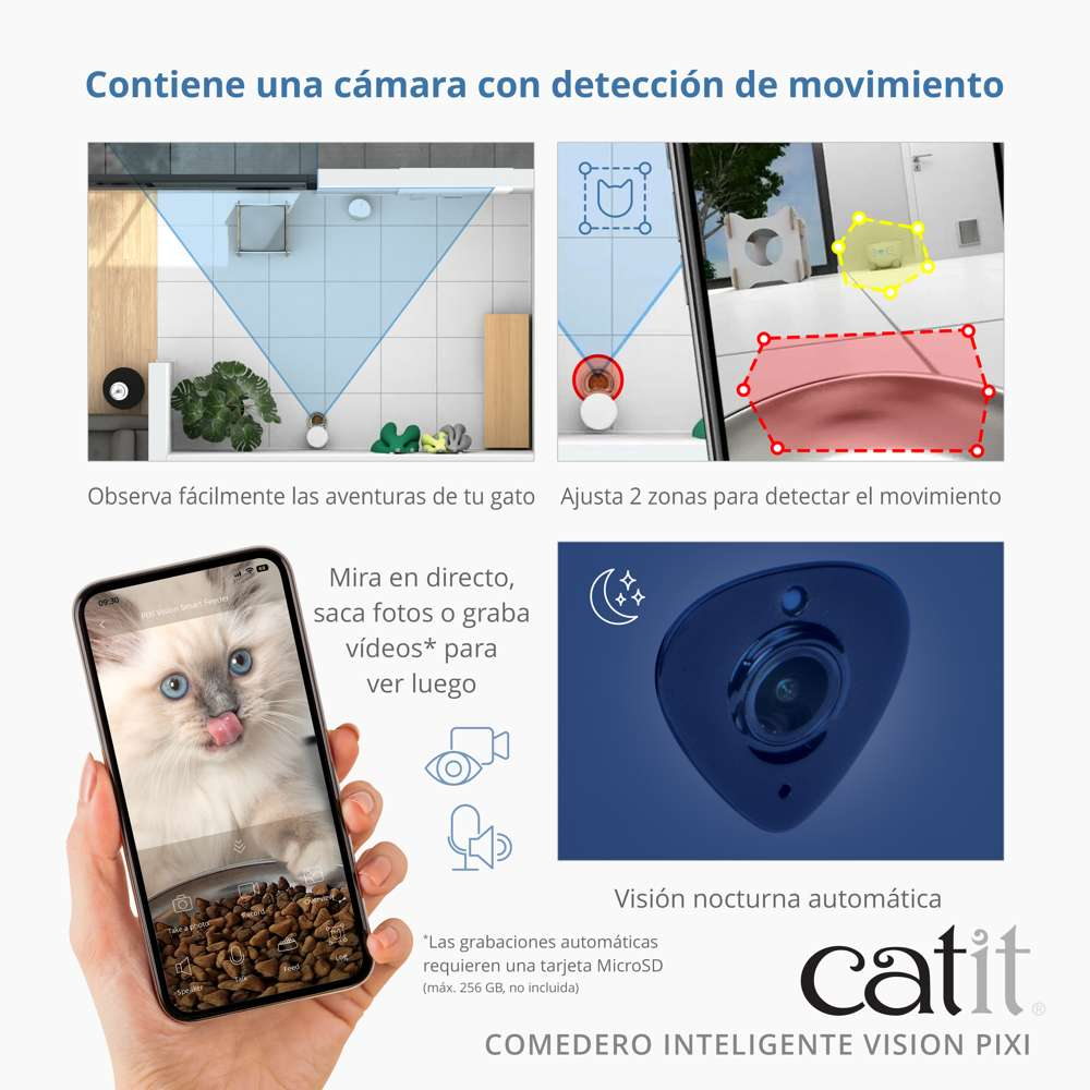 Anuncio del comedero inteligente Catit Pixi con cámara y detección de movimiento.