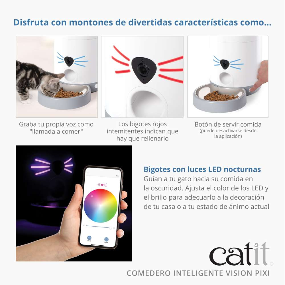 Presentación del comedero inteligente Catit Pixi con cámara, bigotes LED y control por app.