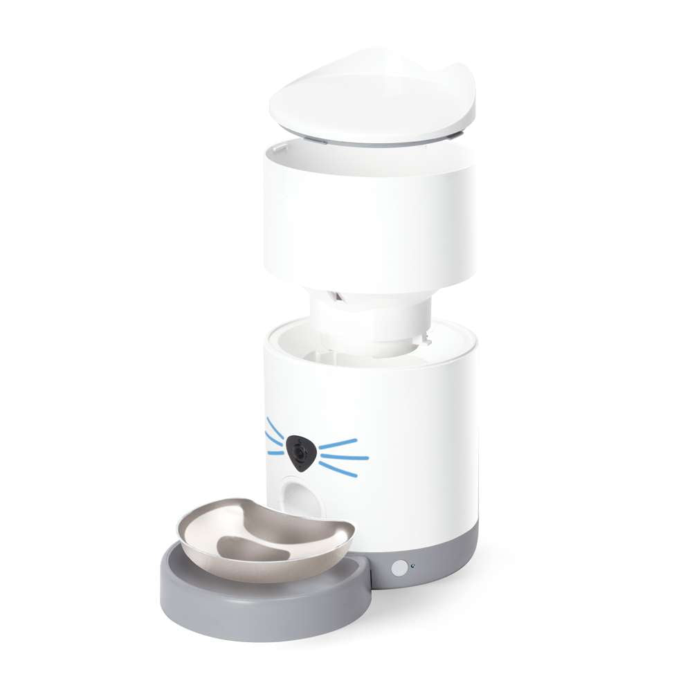 Comederos automáticos modulares blancos para mascotas con base gris, cuenco extraíble y detalles de cara de gato.