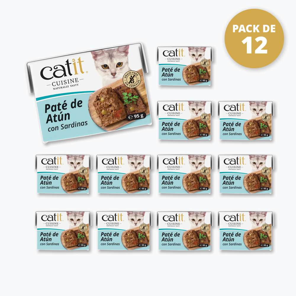 12 latas de paté para gatos Catit Cuisine de atún y sardinas con un gato y texto de 95 g sobre fondo blanco.