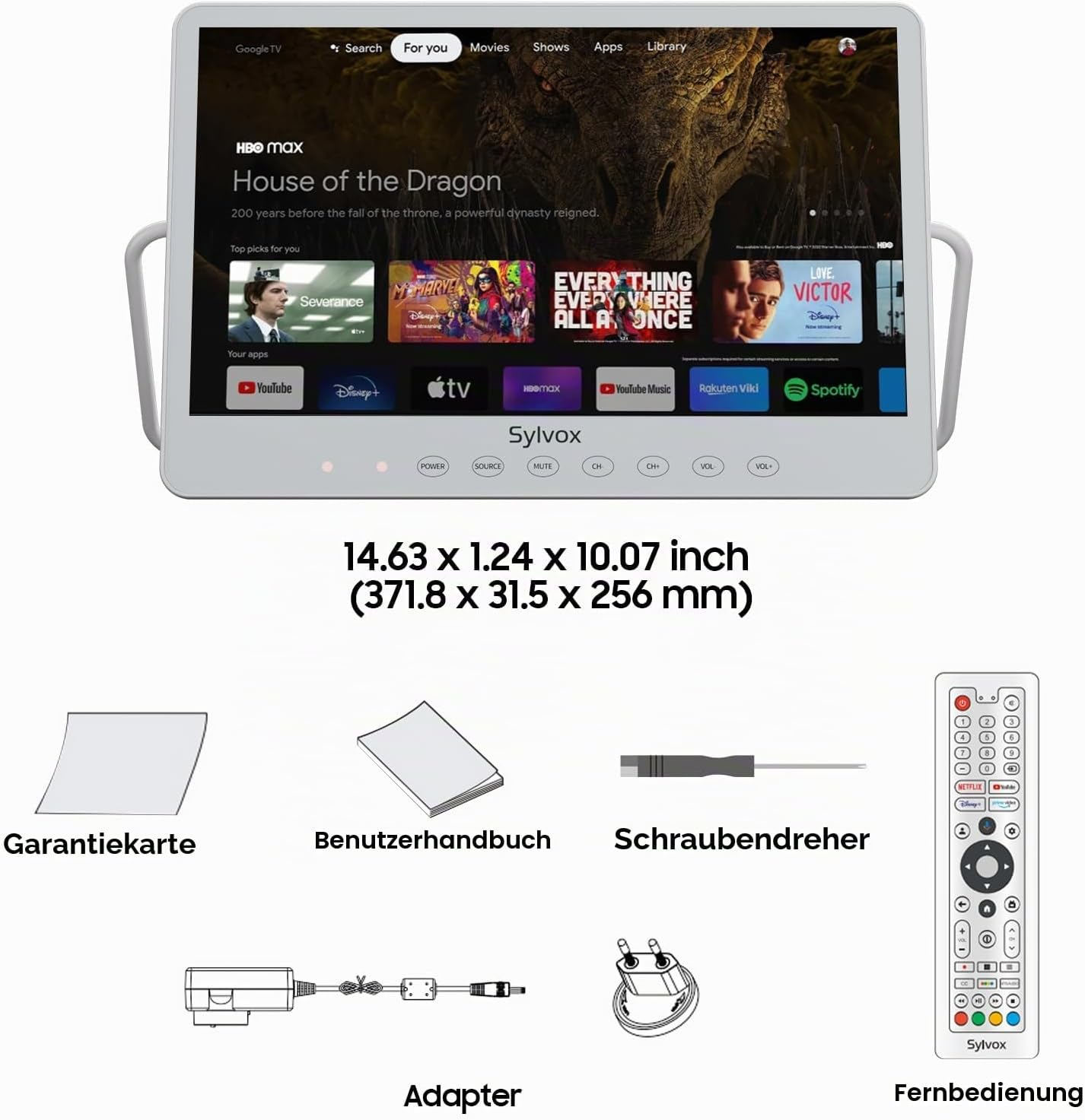 Smart TV Sylvox con dimensiones, tarjeta de garantía, manual, destornillador, adaptador y control remoto.