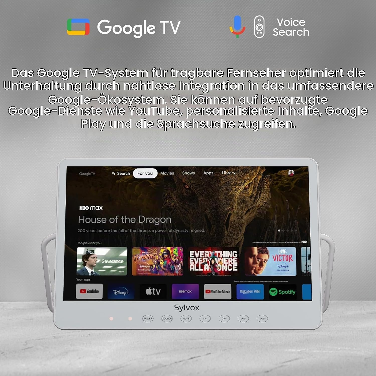 Ein tragbarer weißer Sylvox-Fernseher mit Google TV-Oberfläche, Apps und Drachen-Banner.