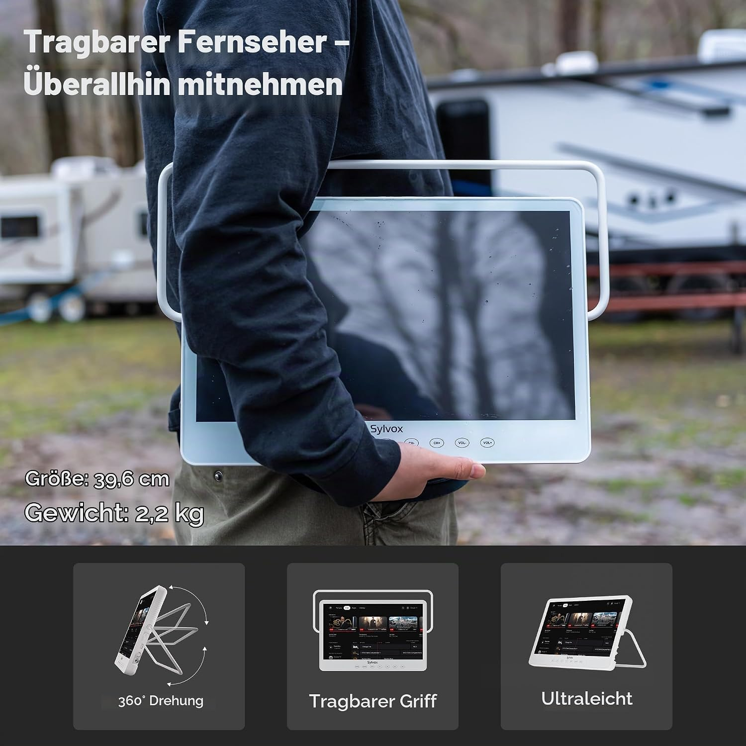 Una persona lleva un televisor blanco con asa al aire libre, con texto superpuesto e iconos de características.