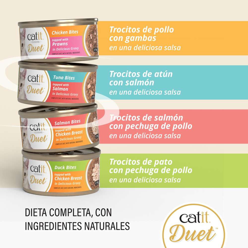 Cuatro latas de comida para gatos Catit Duet con diferentes sabores sobre un fondo colorido.