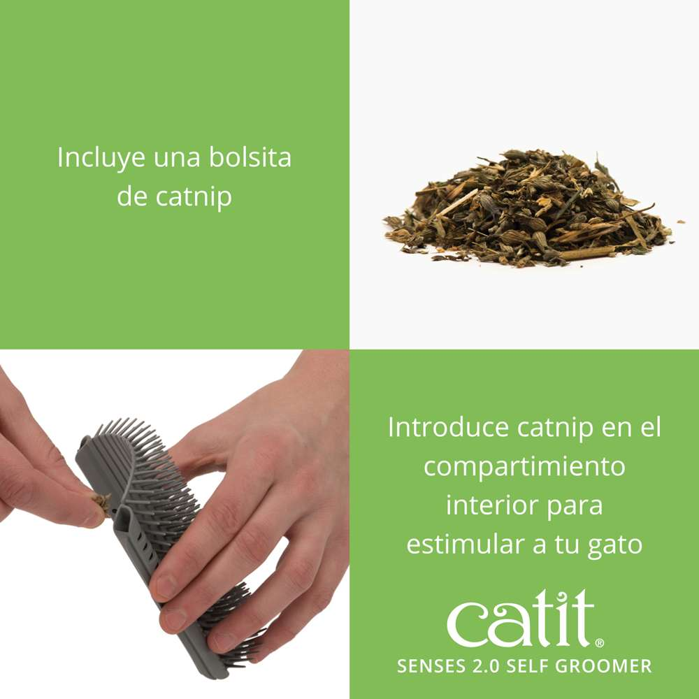 Una imagen muestra catnip Catit Senses 2.0 y cómo se llena en el cepillo.