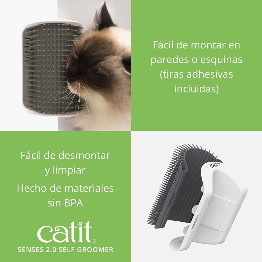 Un gato usa un cepillo Catit Senses 2.0 fácil de montar, sin BPA y fácil de limpiar.