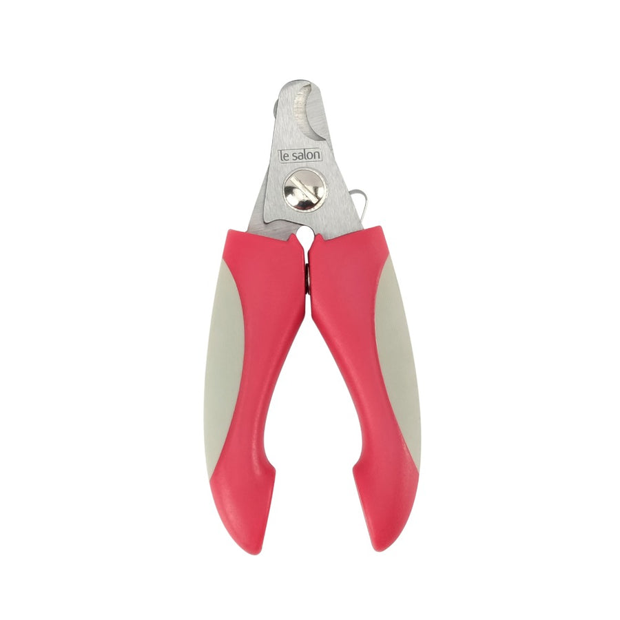 Cortauñas para mascotas rosa y gris con cuchillas de metal y mangos ergonómicos.