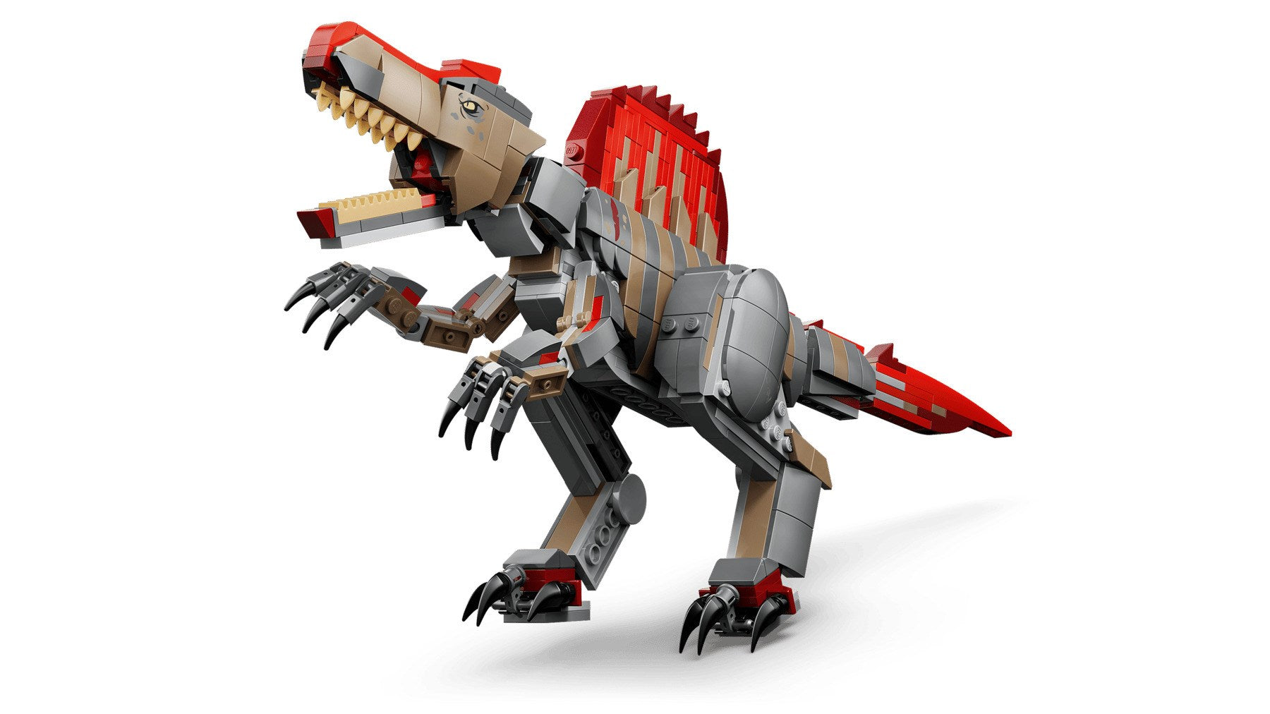 Un modelo de dinosaurio Spinosaurus de Lego con bloques grises y rojos, dientes afilados y una gran aleta en la espalda.