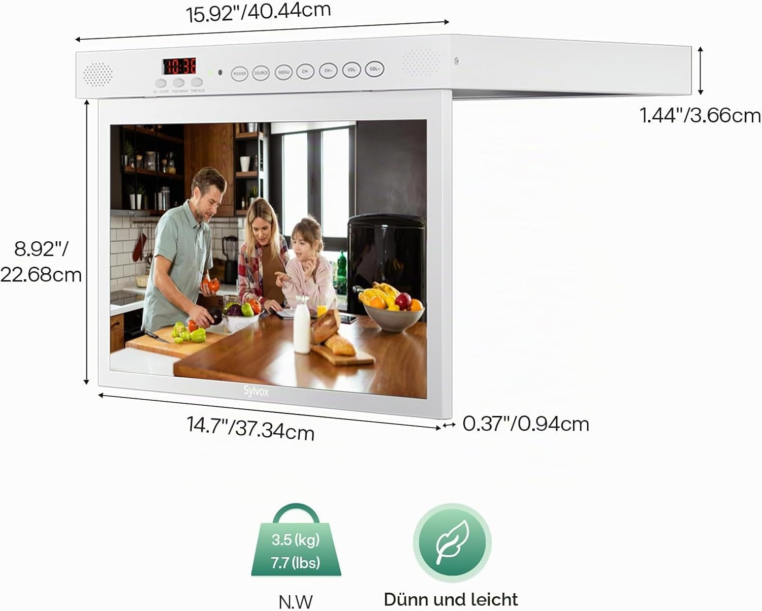 Televisor de cocina blanco bajo mueble con imagen de familia, dimensiones y iconos de peso.