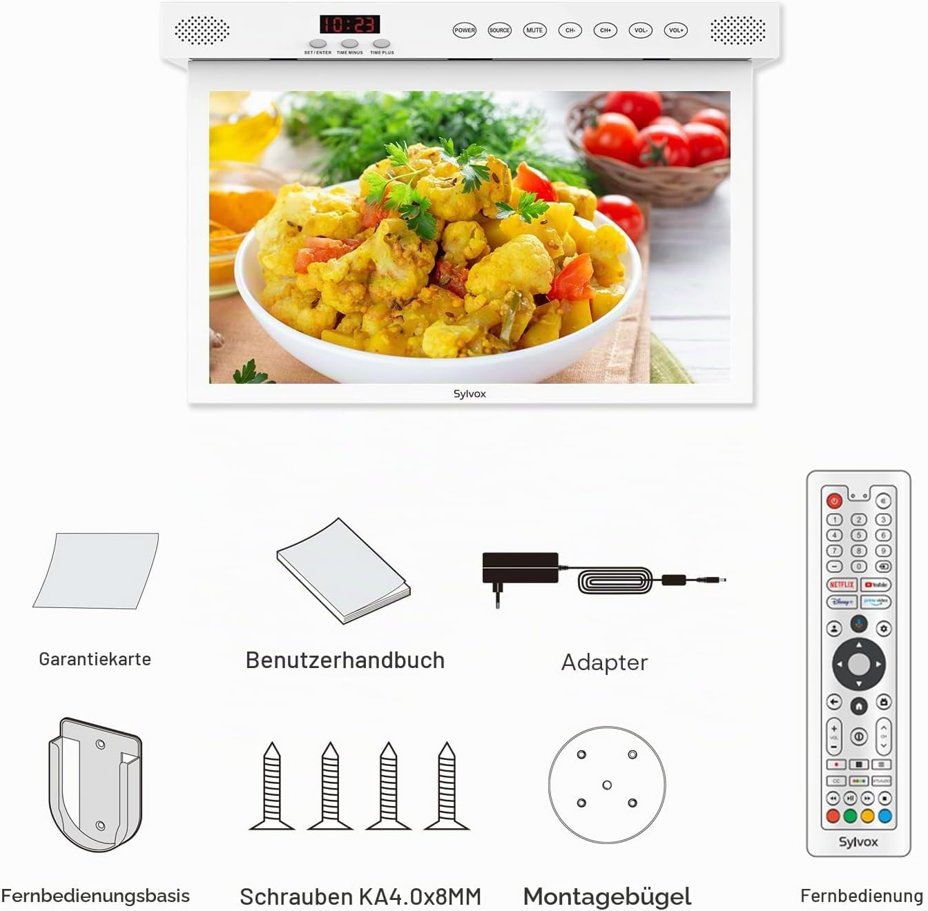 Untertisch-TV mit Kochshow, Handbuch, Adapter, Halterung, Schrauben und Fernbedienung auf weißem Hintergrund.