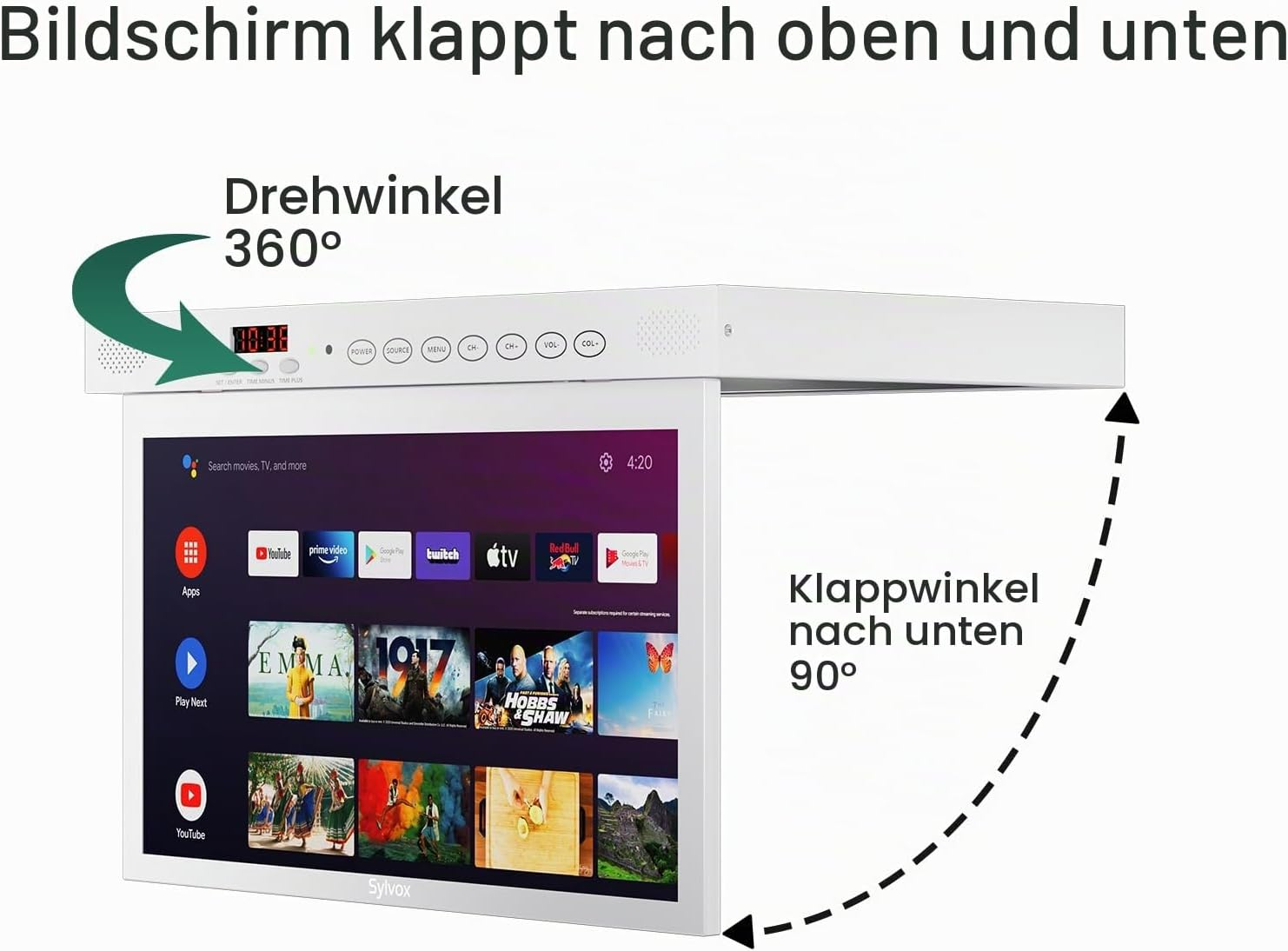 Un televisor de techo blanco muestra un menú de smart TV con rotación de 360 grados.