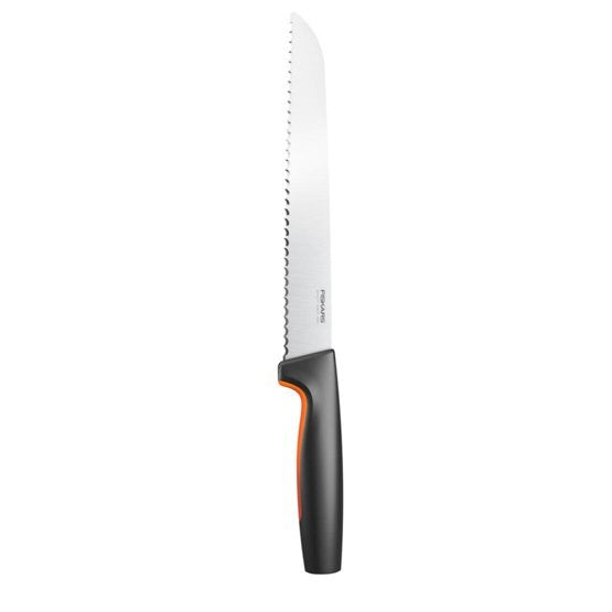 A bread knife with a serrated stainless steel blade and an ergonomic black and orange handle on a white background.