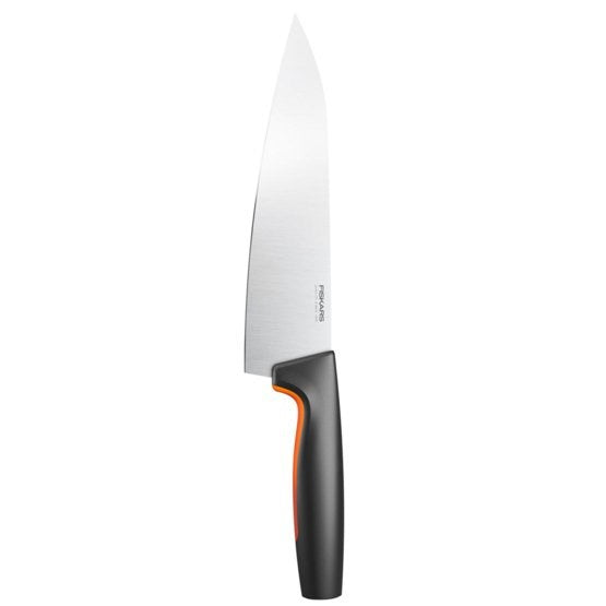 A chef's knife with a silver blade and an ergonomic black and orange handle on a white background.
