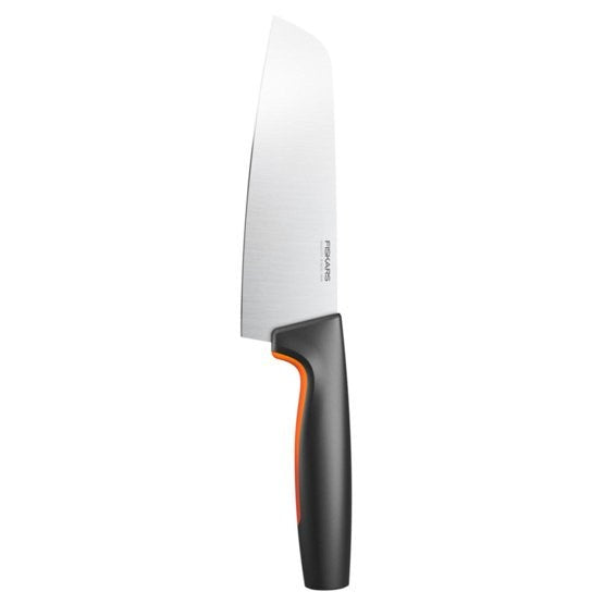 A chef knife with a silver blade and a black and orange handle on a white background.