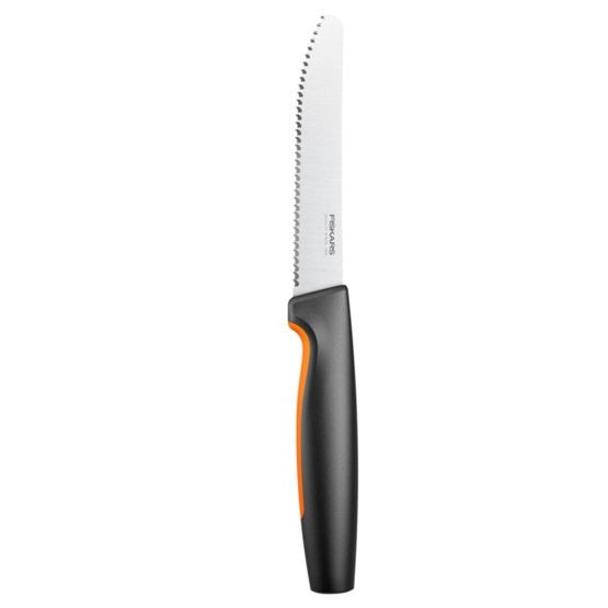 A bread knife with a serrated blade and a black and orange handle against a white background.