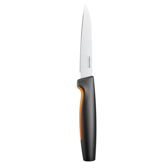 A kitchen utility knife with a silver blade and a black and orange ergonomic handle on a white background.