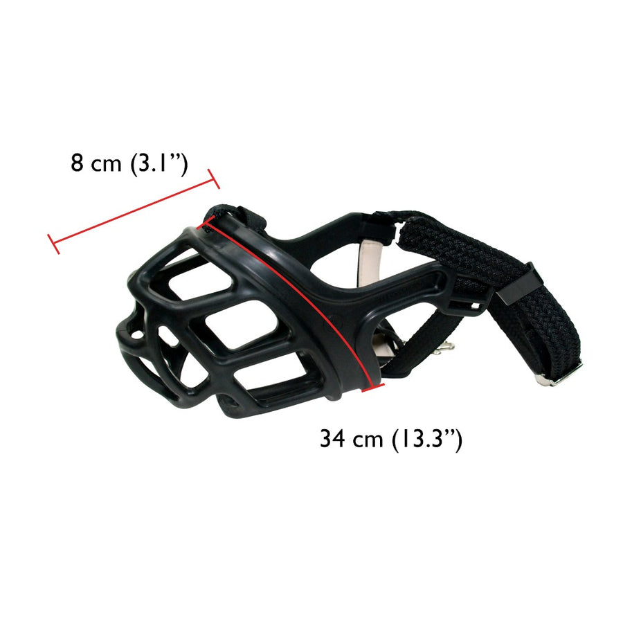 Boñal negro para perro con diseño de rejilla y líneas rojas que indican las medidas de 8 cm y 34 cm.