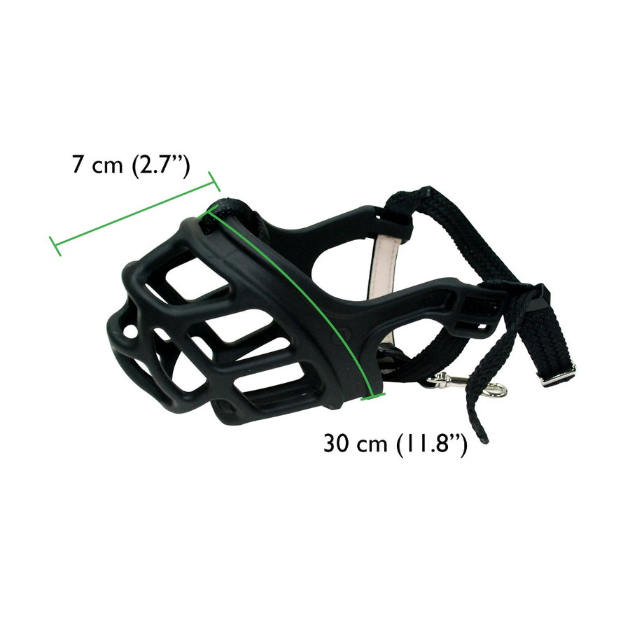 Bozal negro para perro con medidas de 7 cm y 30 cm.