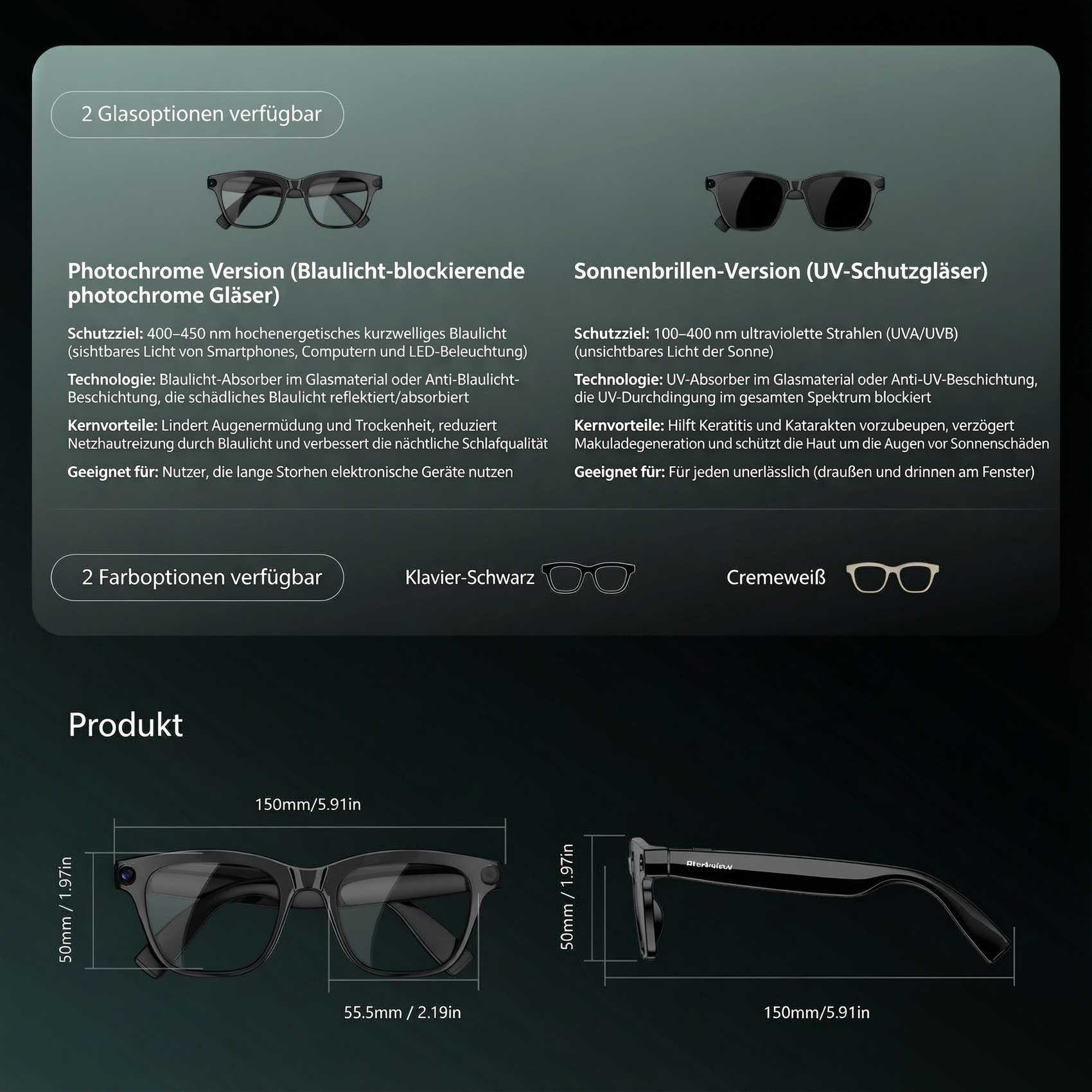 Produktinfografik zeigt Glasoptionen, Farboptionen und Maße von Brillen auf dunklem Hintergrund.