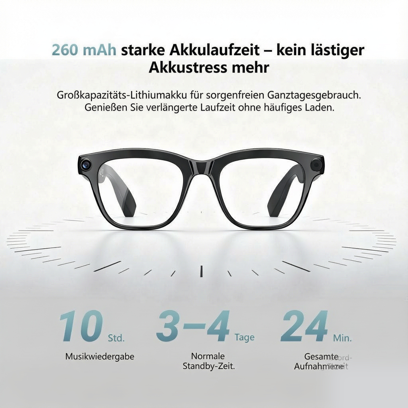 Schwarze Smart-Brille mit 260 mAh Akku, 10 Std. Musik, 3-4 Tage Standby und 24 Min. Aufnahmezeit.