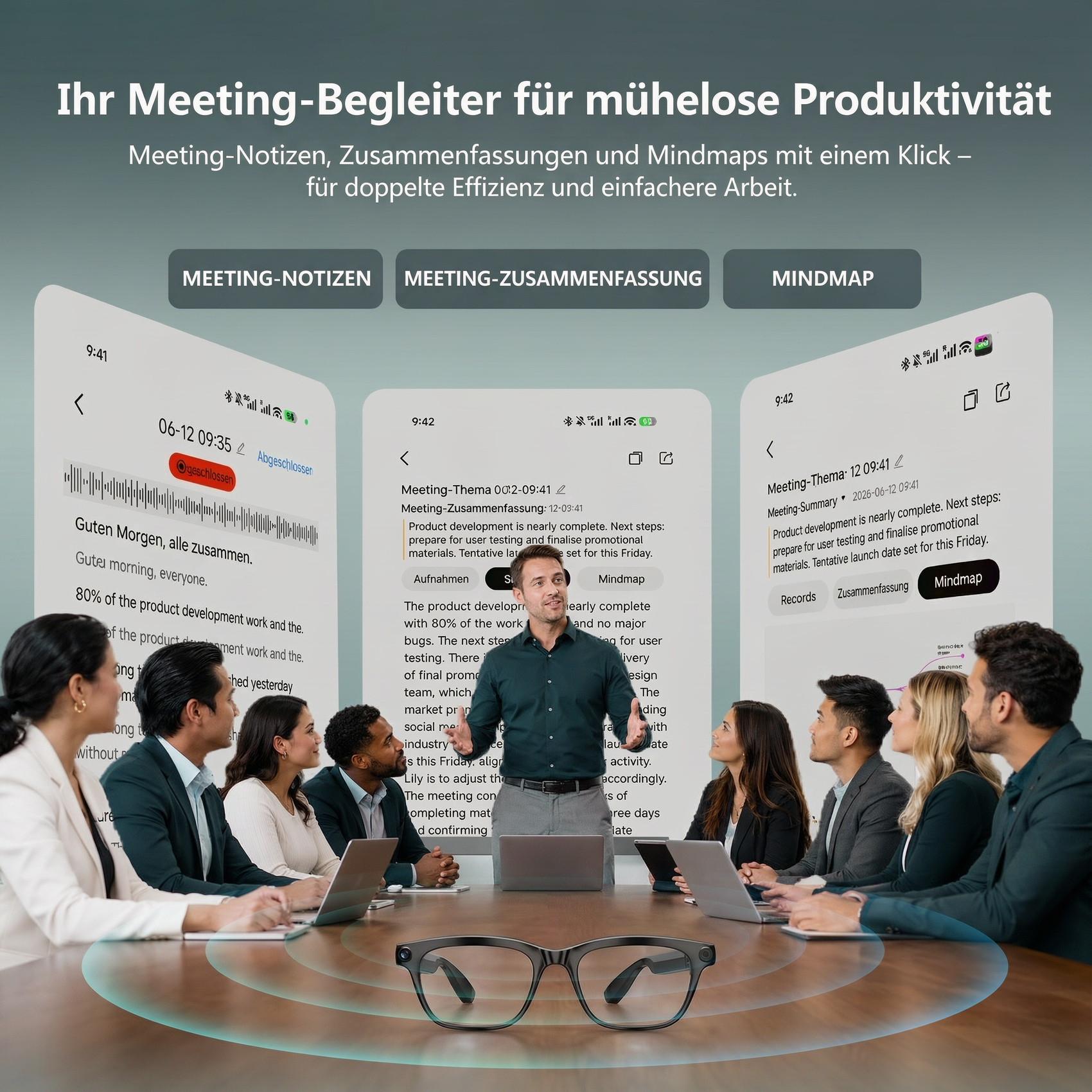 Ein Mann präsentiert vor einem Team im Meeting, im Vordergrund Smart Glasses und digitale Notizen.