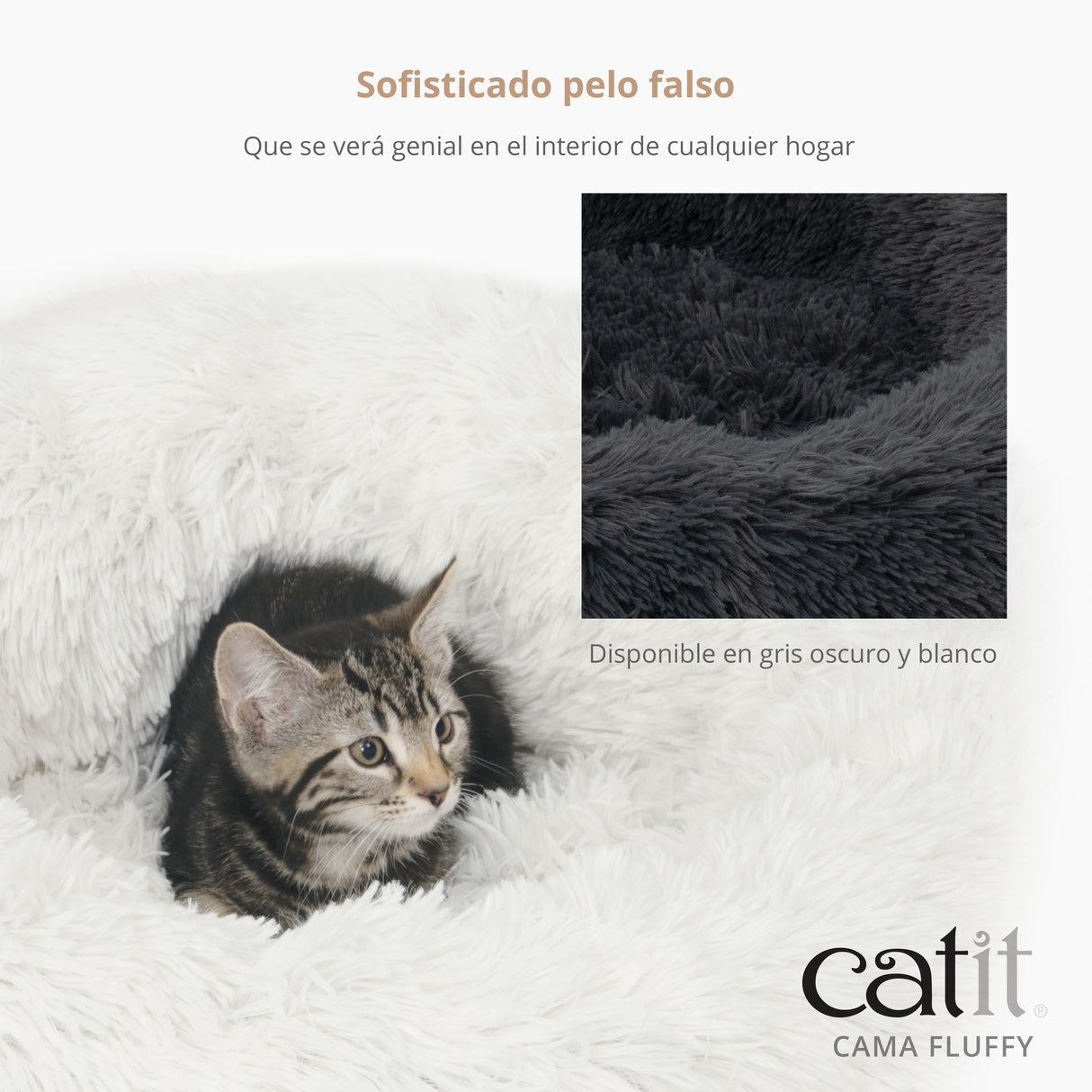 Un gatito atigrado descansa en una cama blanca y peluda, con un recuadro de una versión gris.