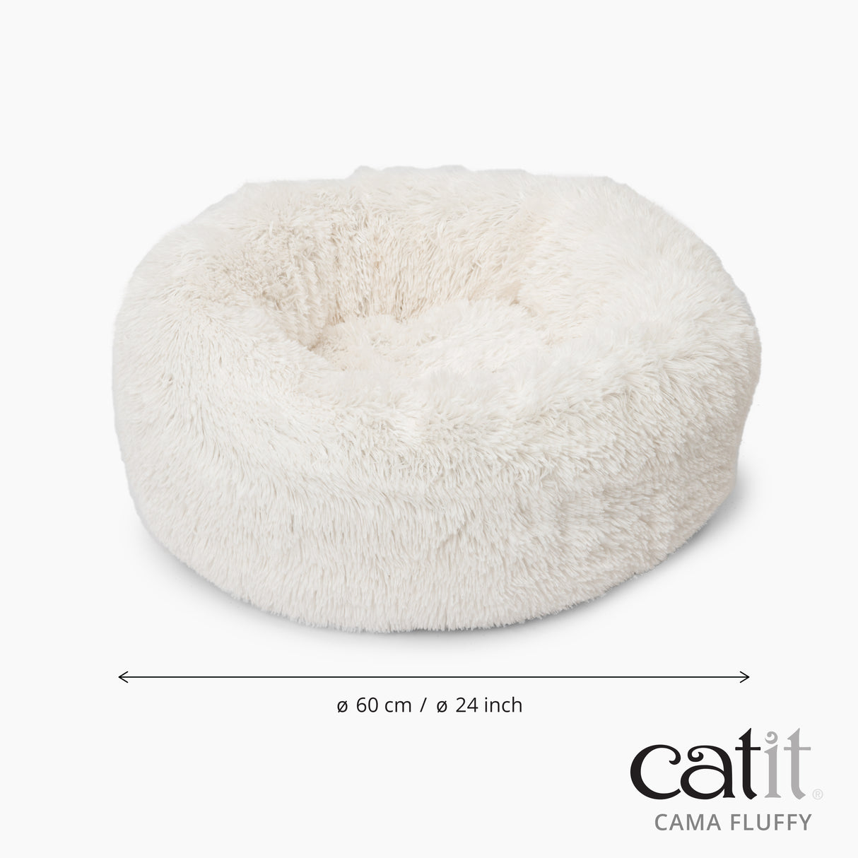 Una cama para gatos redonda, blanca y esponjosa de 60 cm de diámetro.