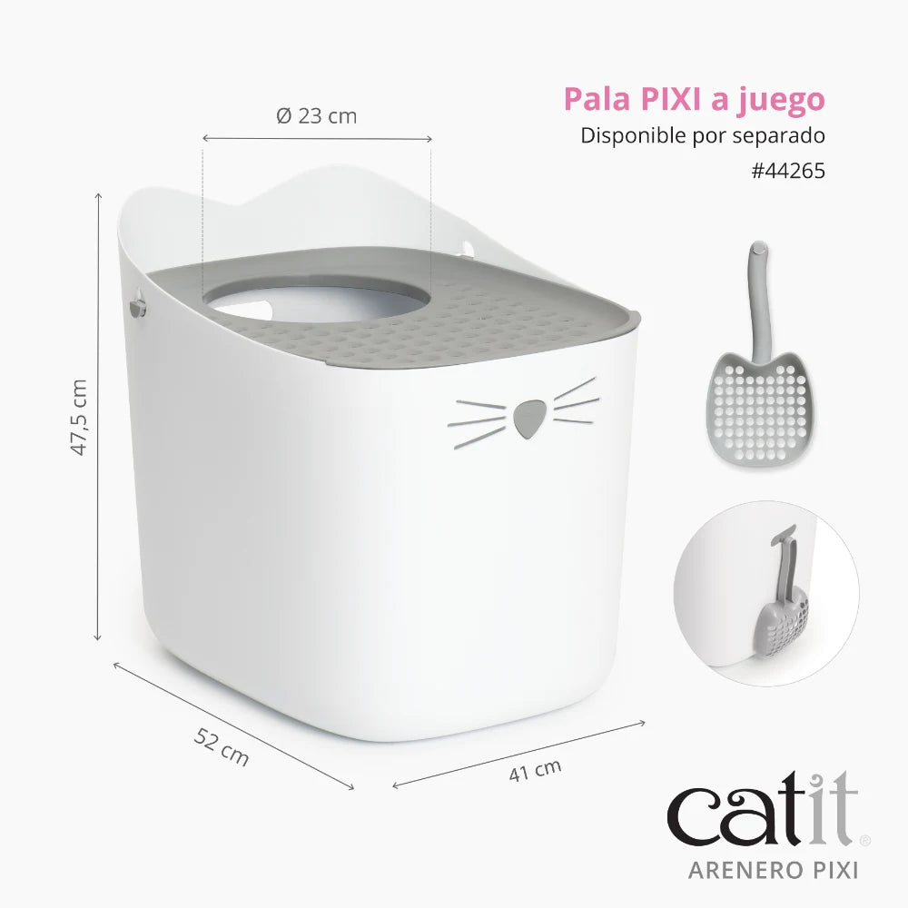 Arenero para gatos blanco y gris con dimensiones y pala a juego al lado.