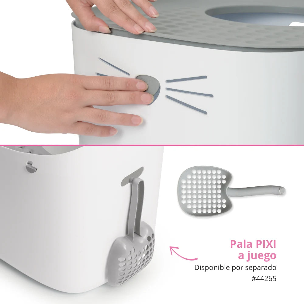Primer plano de un arenero para gatos blanco con detalles grises y pala a juego.