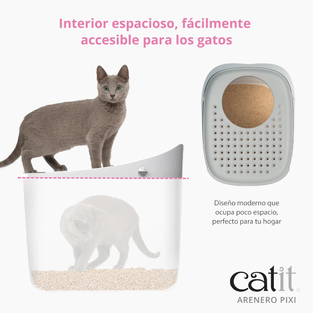 Un gato gris sobre un arenero moderno para gatos, mostrado también con vista interior.