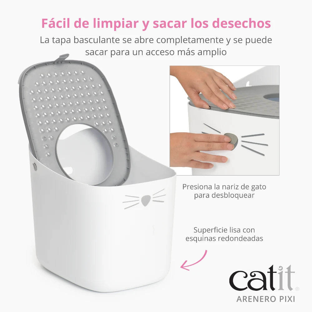 Caja de arena blanca para gatos con tapa abatible gris y botón de cierre con nariz de gato.