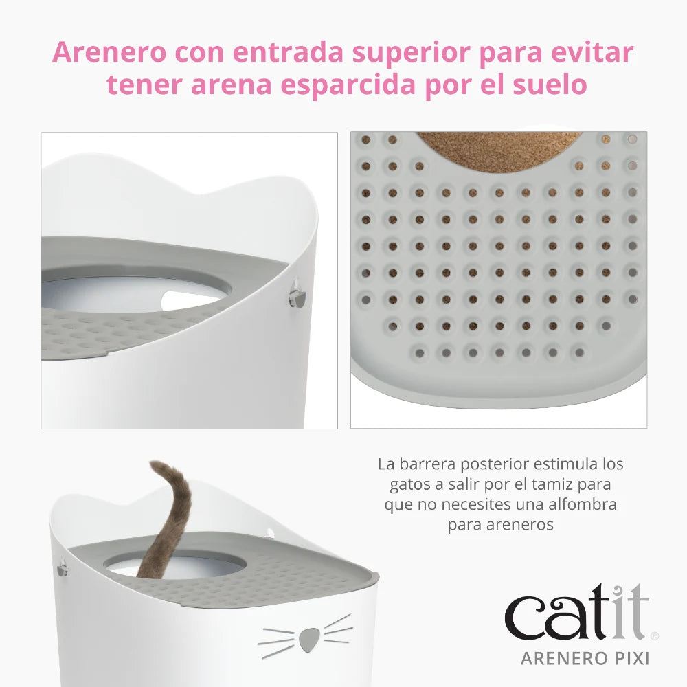 Arenero para gatos con entrada superior y tapa con tamiz.