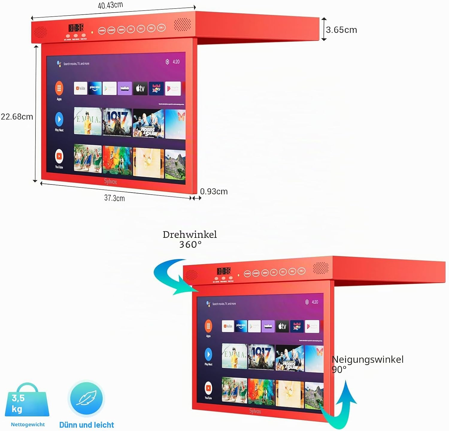Televisor rojo bajo mueble con dimensiones, rotación de 360 grados, inclinación de 90 grados y 3,5 kg.