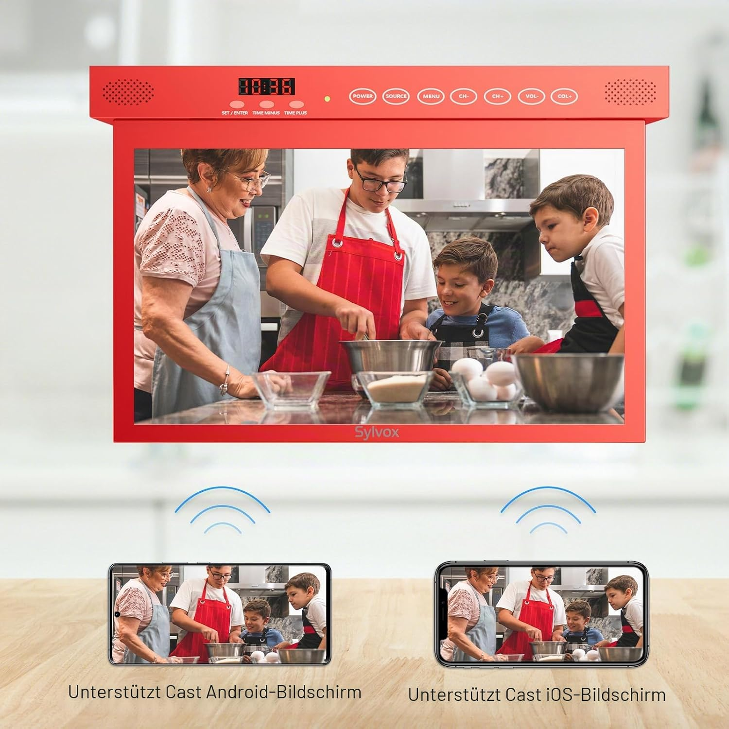 Un televisor rojo de bajo mueble muestra a una familia cocinando, con iconos inalámbricos hacia dos smartphones.