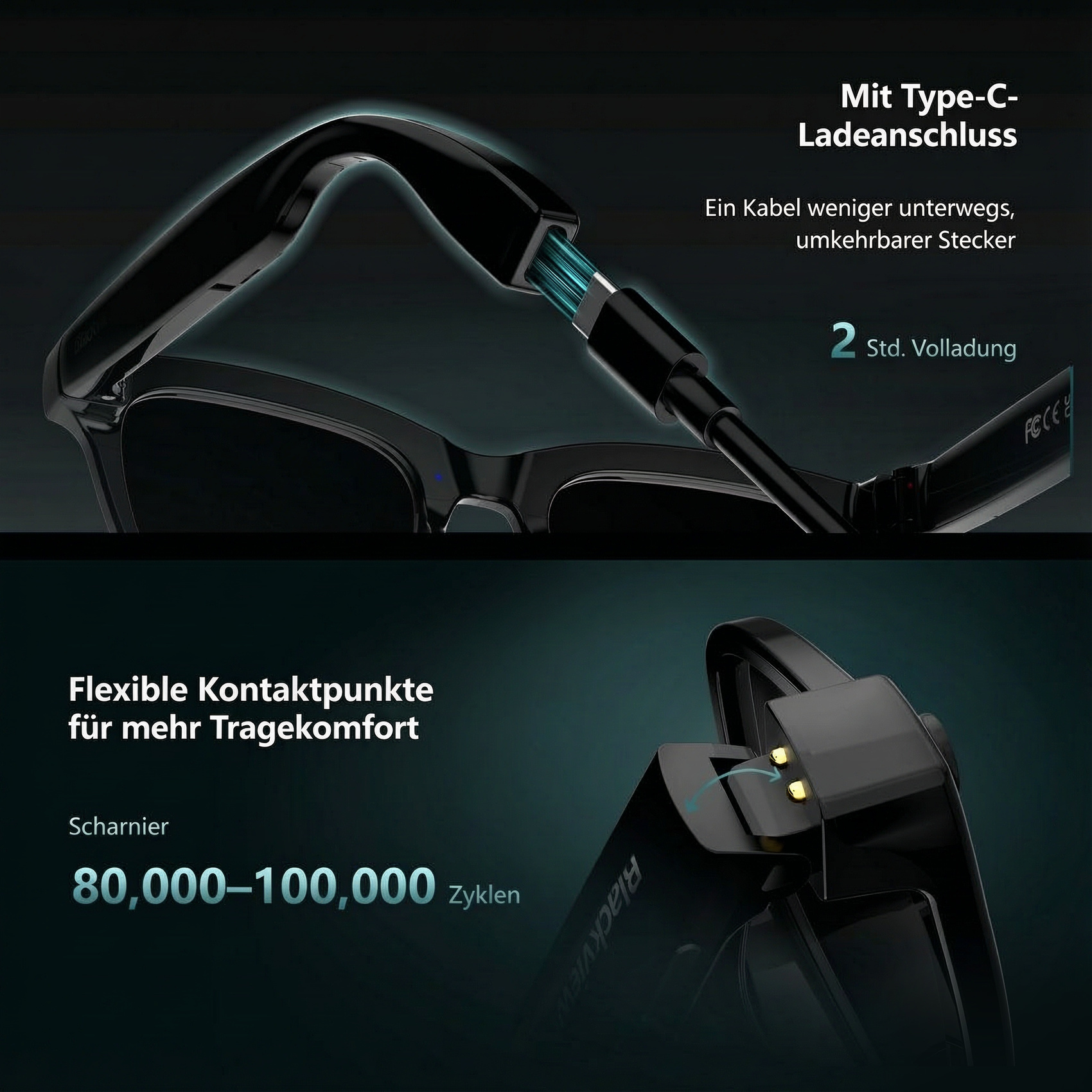 Smart glasses feature a Type-C charging port and flexible contact points for comfortable wear.