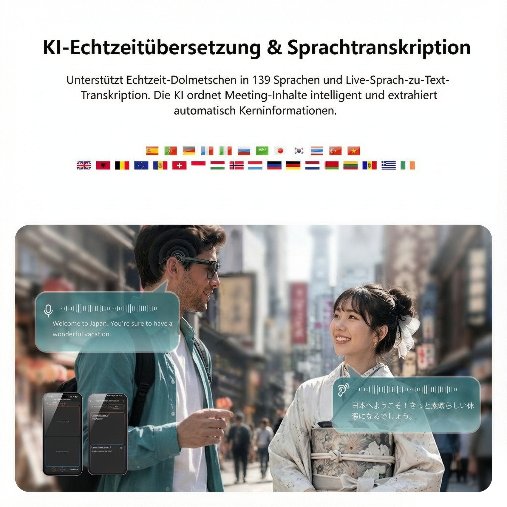 Mann mit Brille spricht mit Frau in Kimono auf der Straße, mit Live-Übersetzungssymbolen und Text.