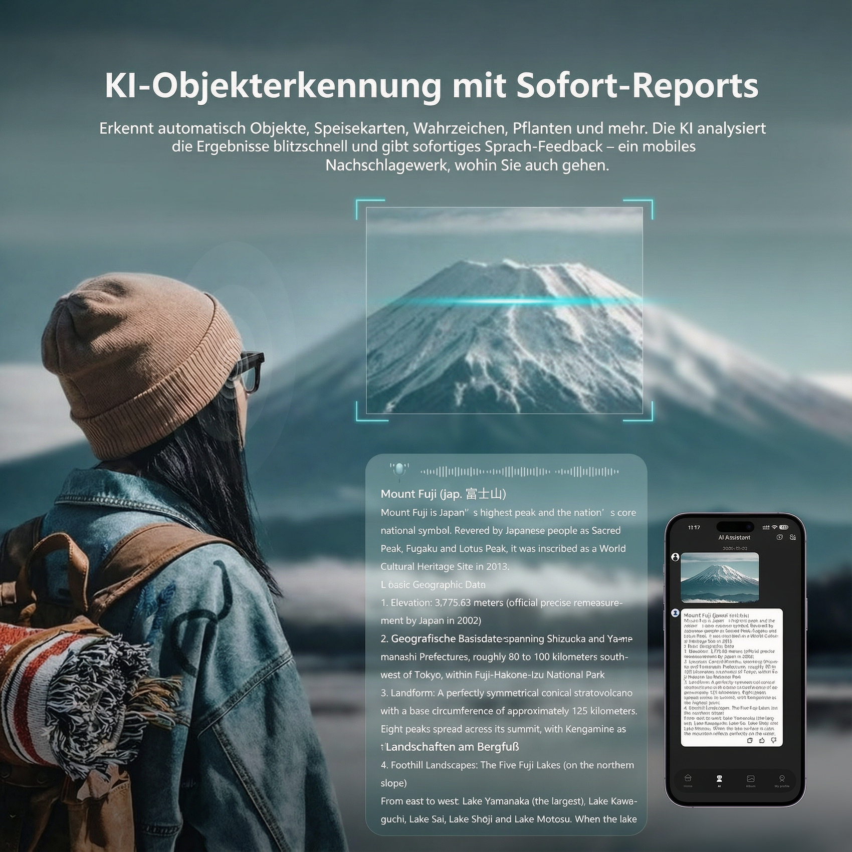 Eine Person blickt auf den Fuji, während ein Smartphone KI-Objekterkennung zeigt.